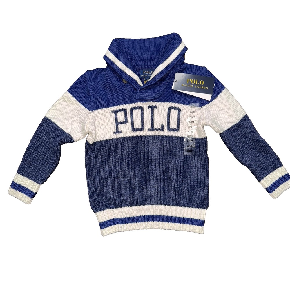 Polo by Ralph Lauren Shawl Neck Knit Sweater Pullover Blue White Size Toddler 3T